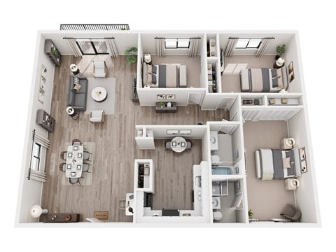 Floor plan for 3 beds, 2 baths, 1080 sqft